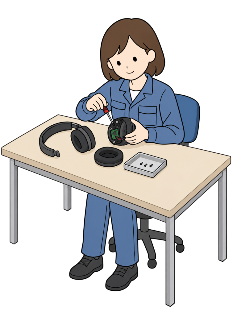 Technician inspecting broken headphones