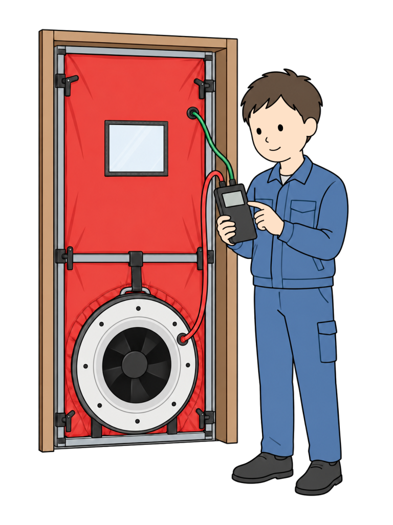 Technician performing a blower door airtightness test