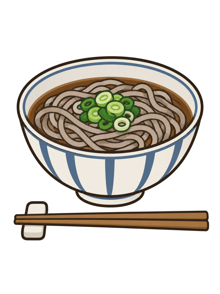薬味のねぎを載せたつゆ入りのそばが丼に盛られ、手前に箸と箸置きが並ぶ。
