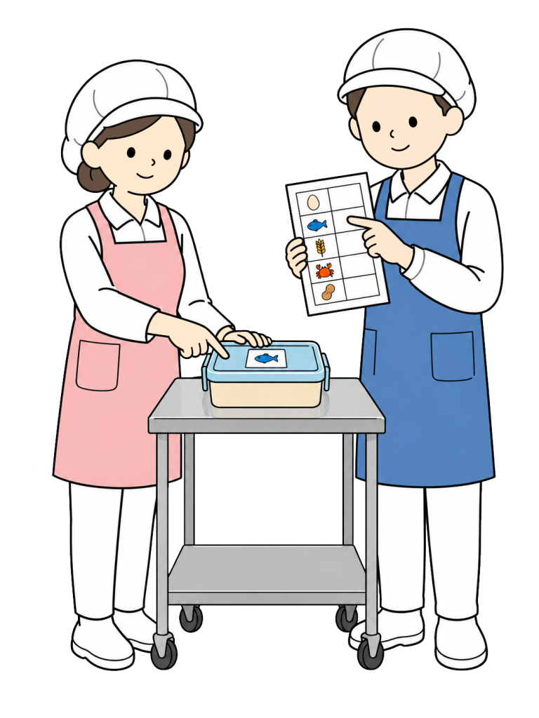 Two school kitchen workers double checking an allergy aware lunch