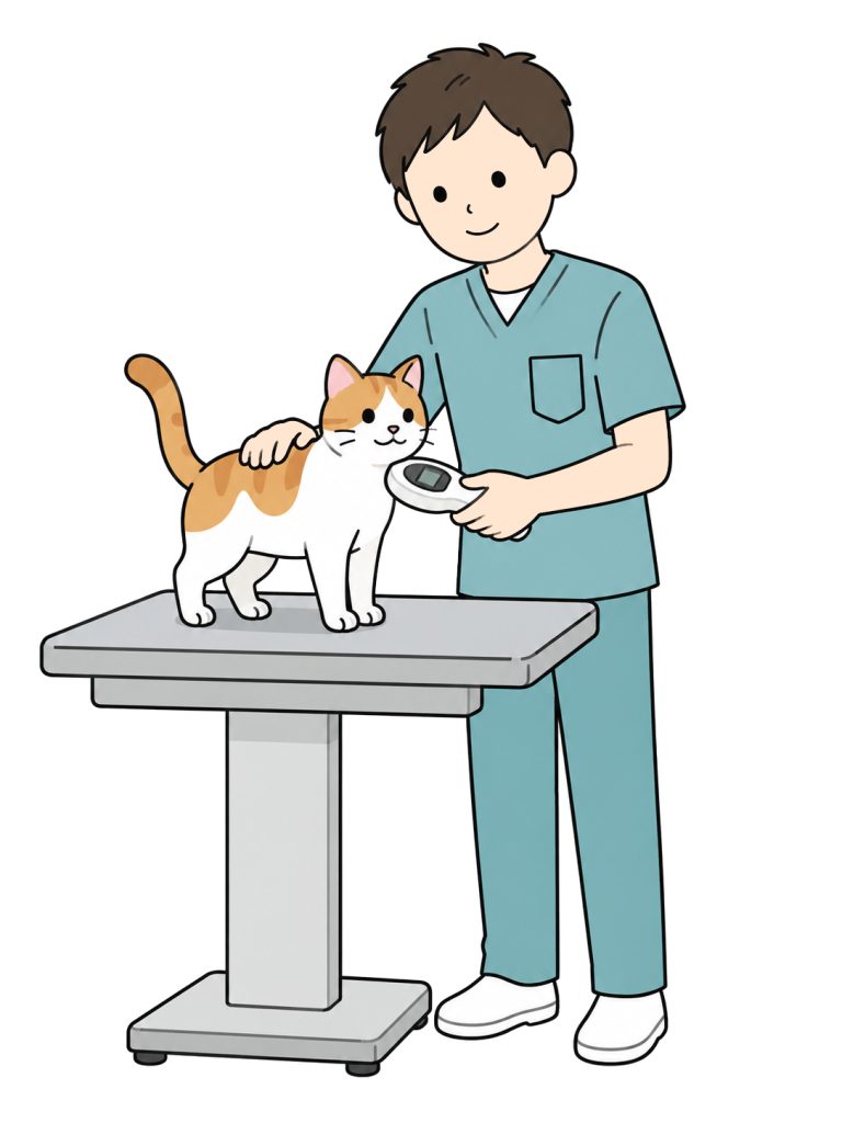 男性獣医師が診察台の茶白の猫に手を添え、首元に読み取り器を近づけている。