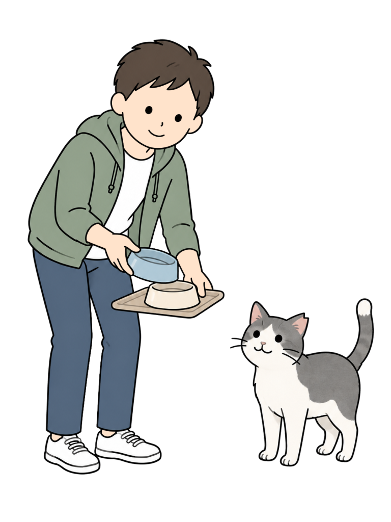男性が空の青い食器を持ち上げて片付けている。トレーには別の空の食器があり、そばに猫がいる。