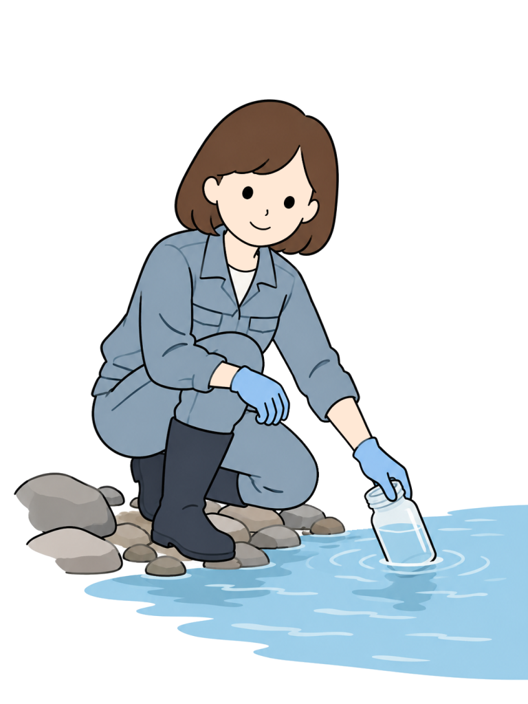 Water quality technician collecting river water