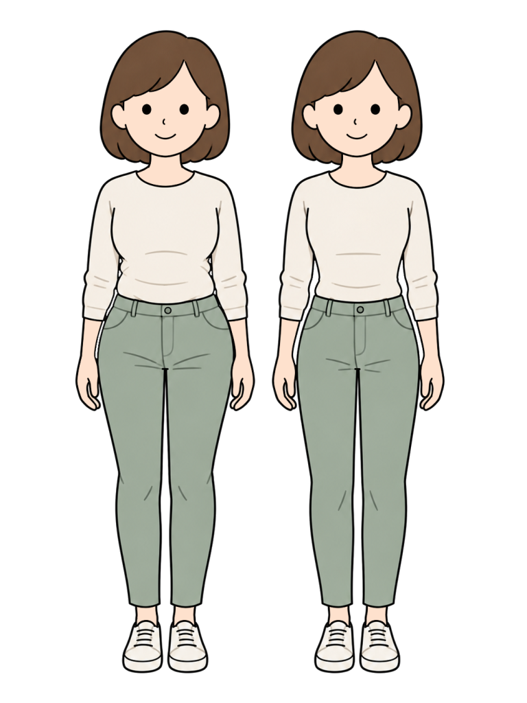 Two depictions of the same woman in matching clothes show a modest difference around the waist.
