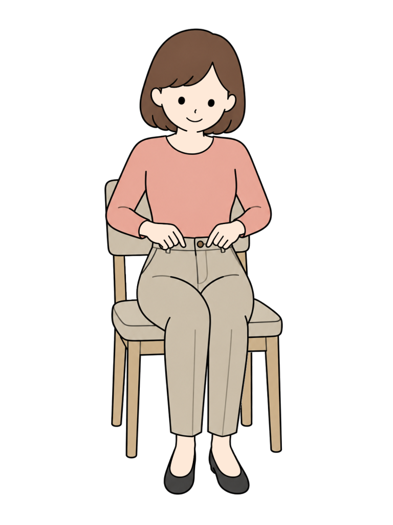 A smiling woman sits and rests her hands near the fastened waist of her trousers.