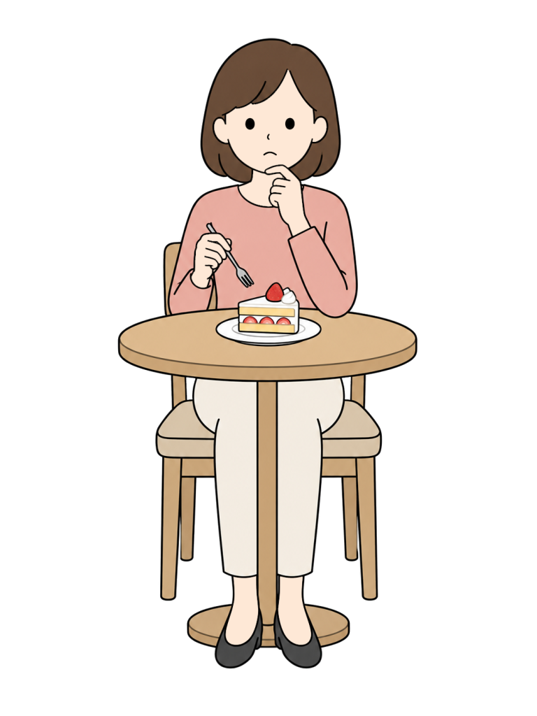 Woman hesitating over a slice of cake