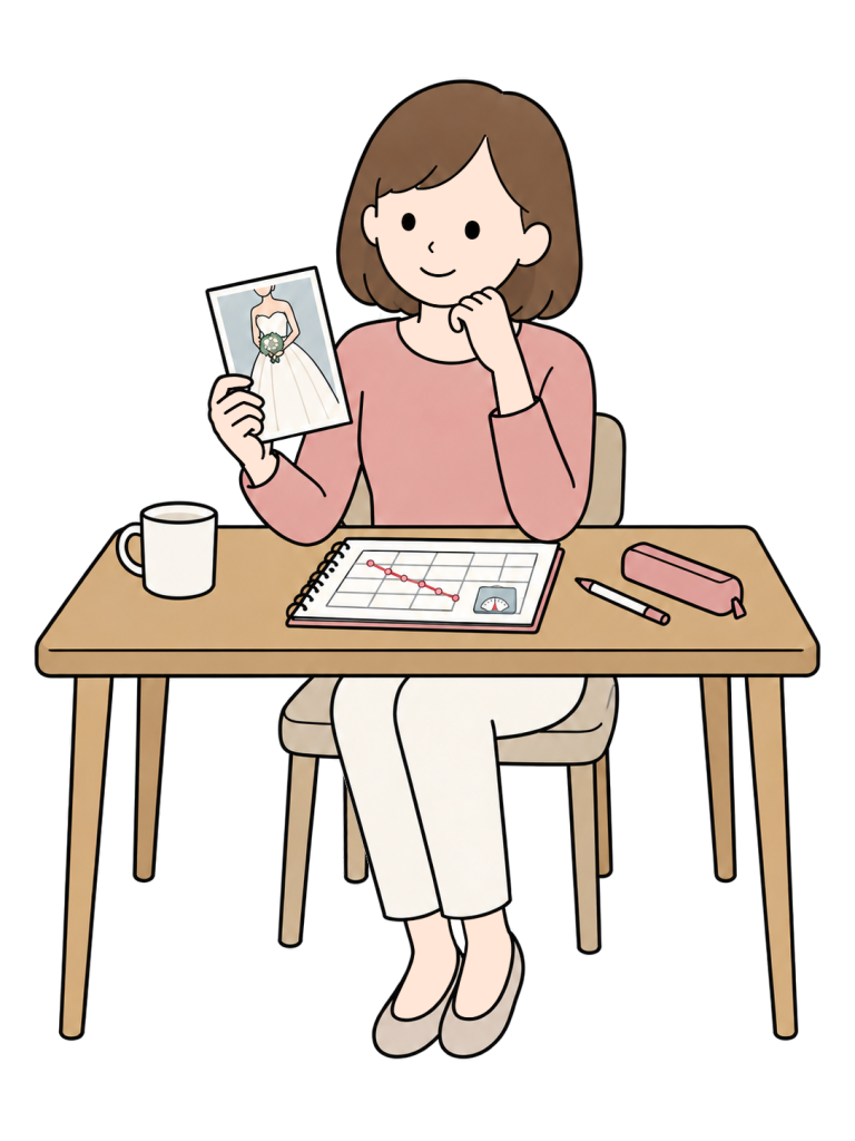 A woman holds a wedding dress photo while considering a notebook with a scale icon and a graph.