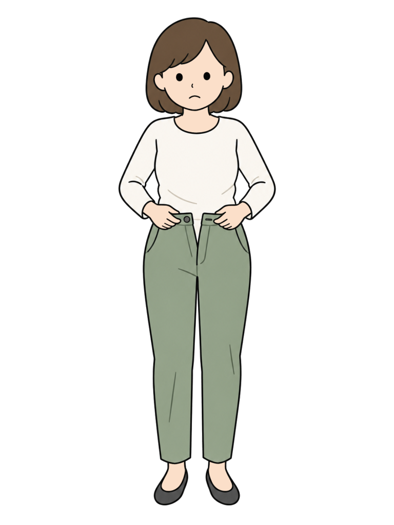 Woman struggling to fasten her trousers