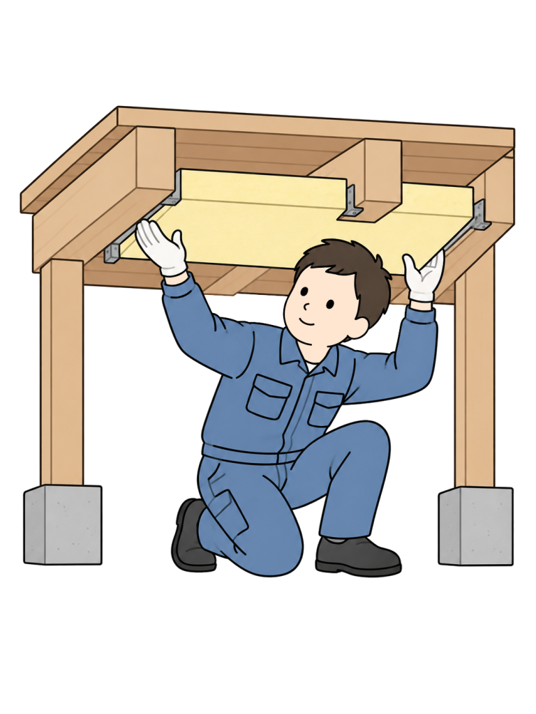 Worker fitting insulation boards beneath a floor