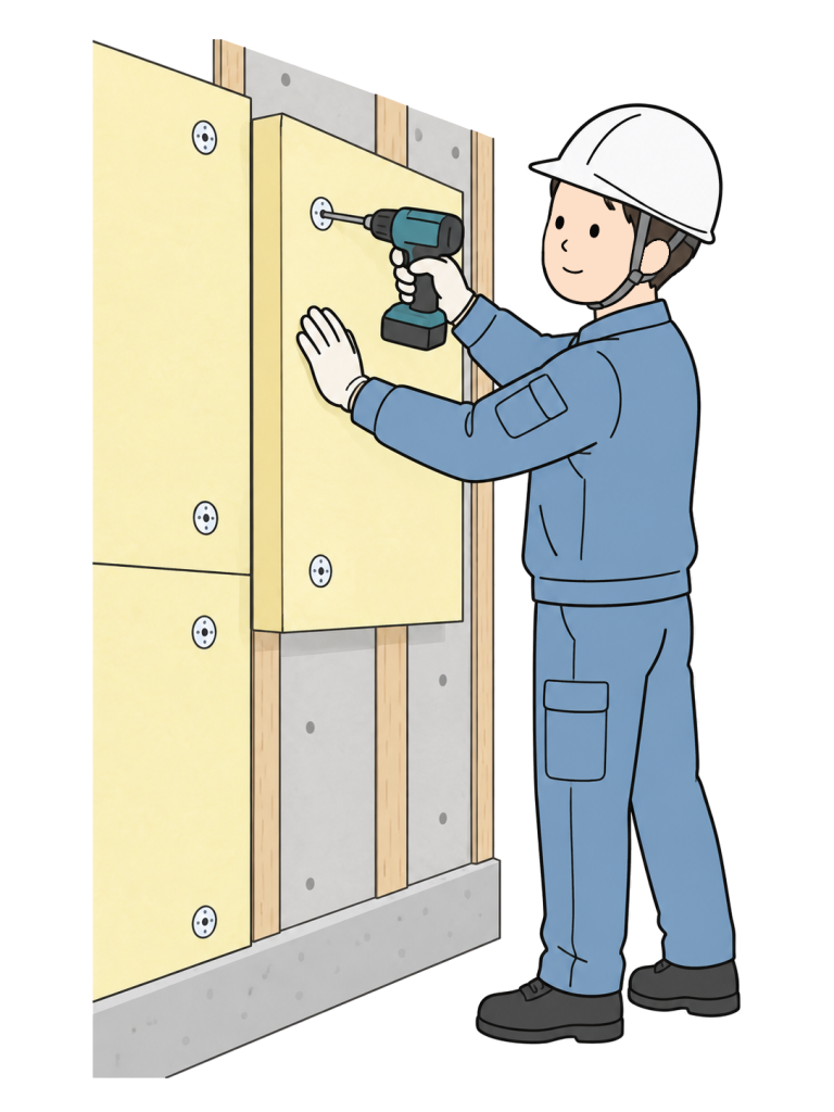 Worker installing exterior insulation panels