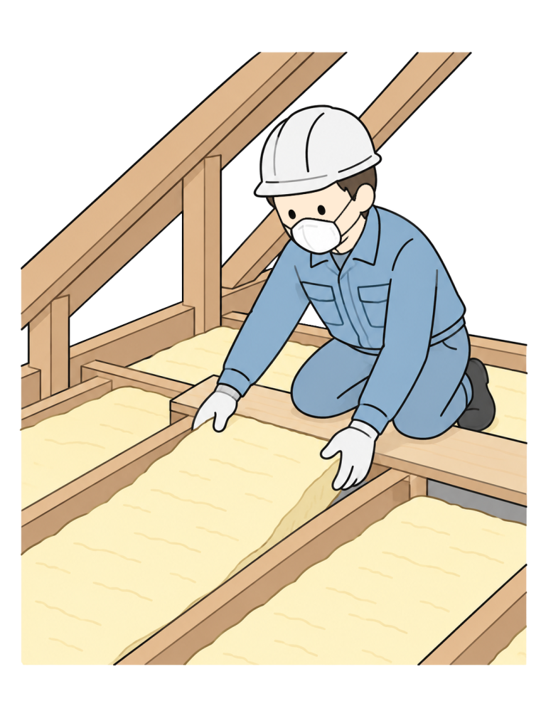 Worker laying insulation across an attic floor