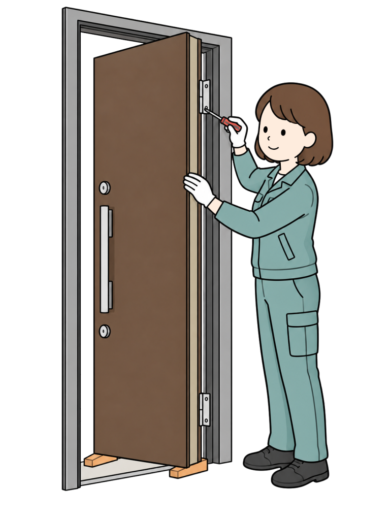 Worker replacing an entrance door with an insulated door
