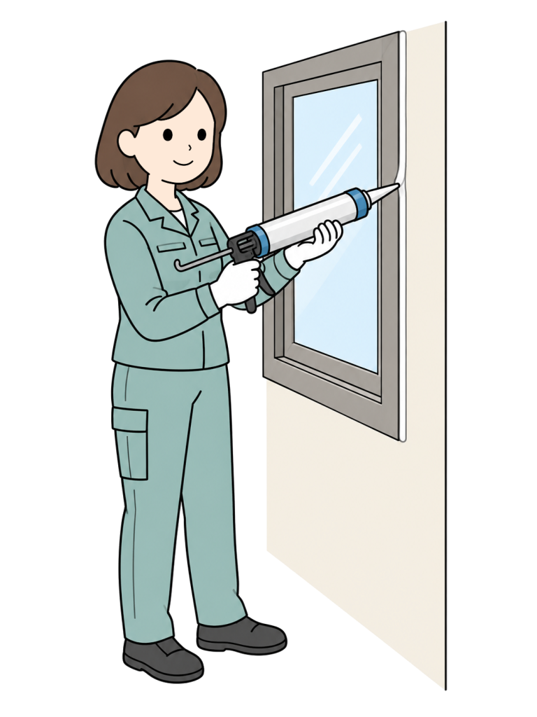 Worker sealing the joint between a window frame and wall